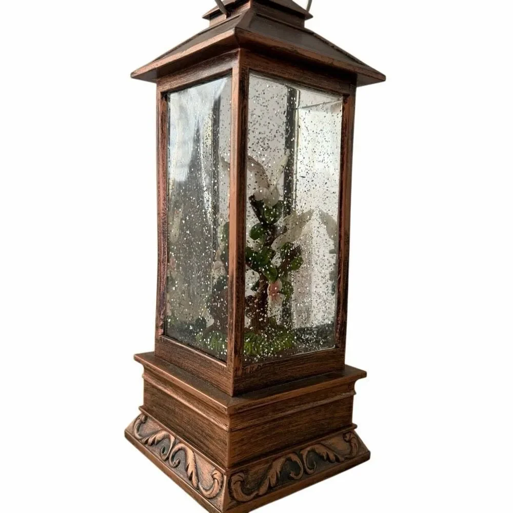 Textured Bronze Lantern Doves on Branch LED Metal Tabletop Christmas Water Snow